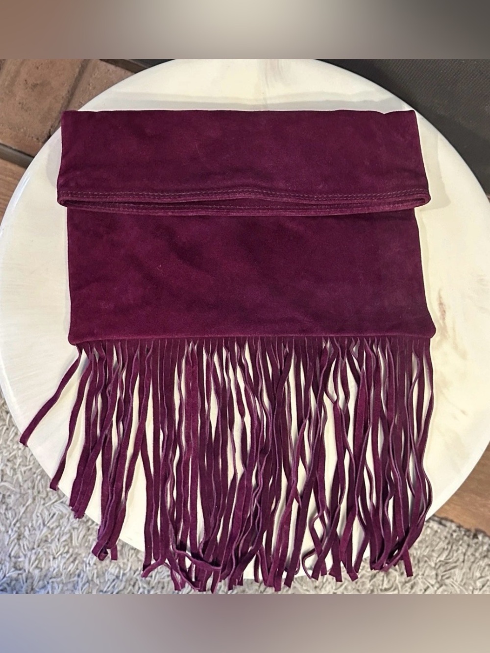 Fringed Fold-Over Suede Clutch in Deep Plum